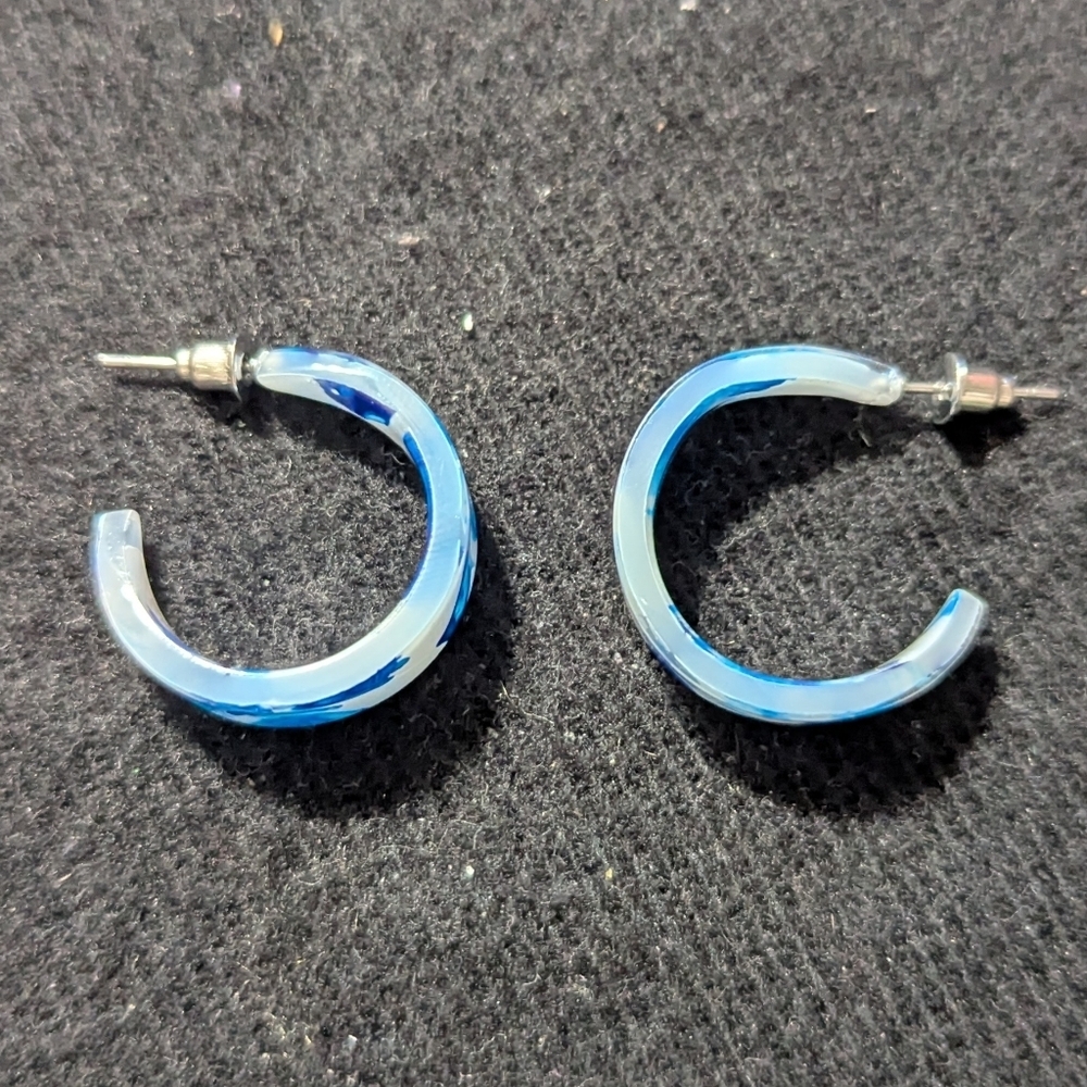 Blue and White Plastic Lightweight Hoop Statement Earrings